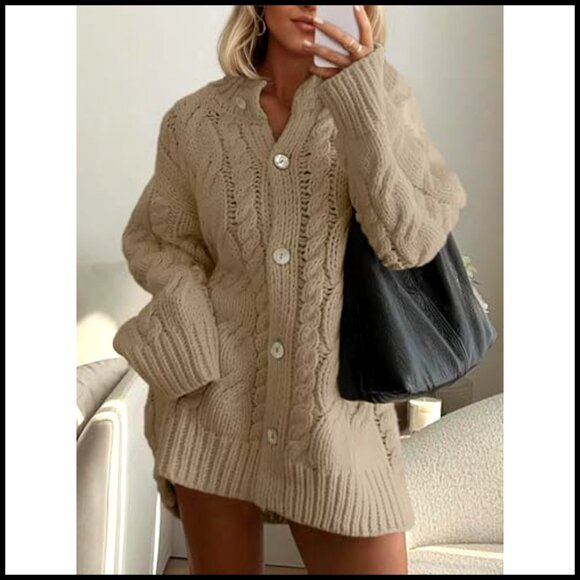 Chunky Cable Knit Cardigan Sweater Dress, Oversized Fit, Warm Winter Wear - Picture 2 of 7